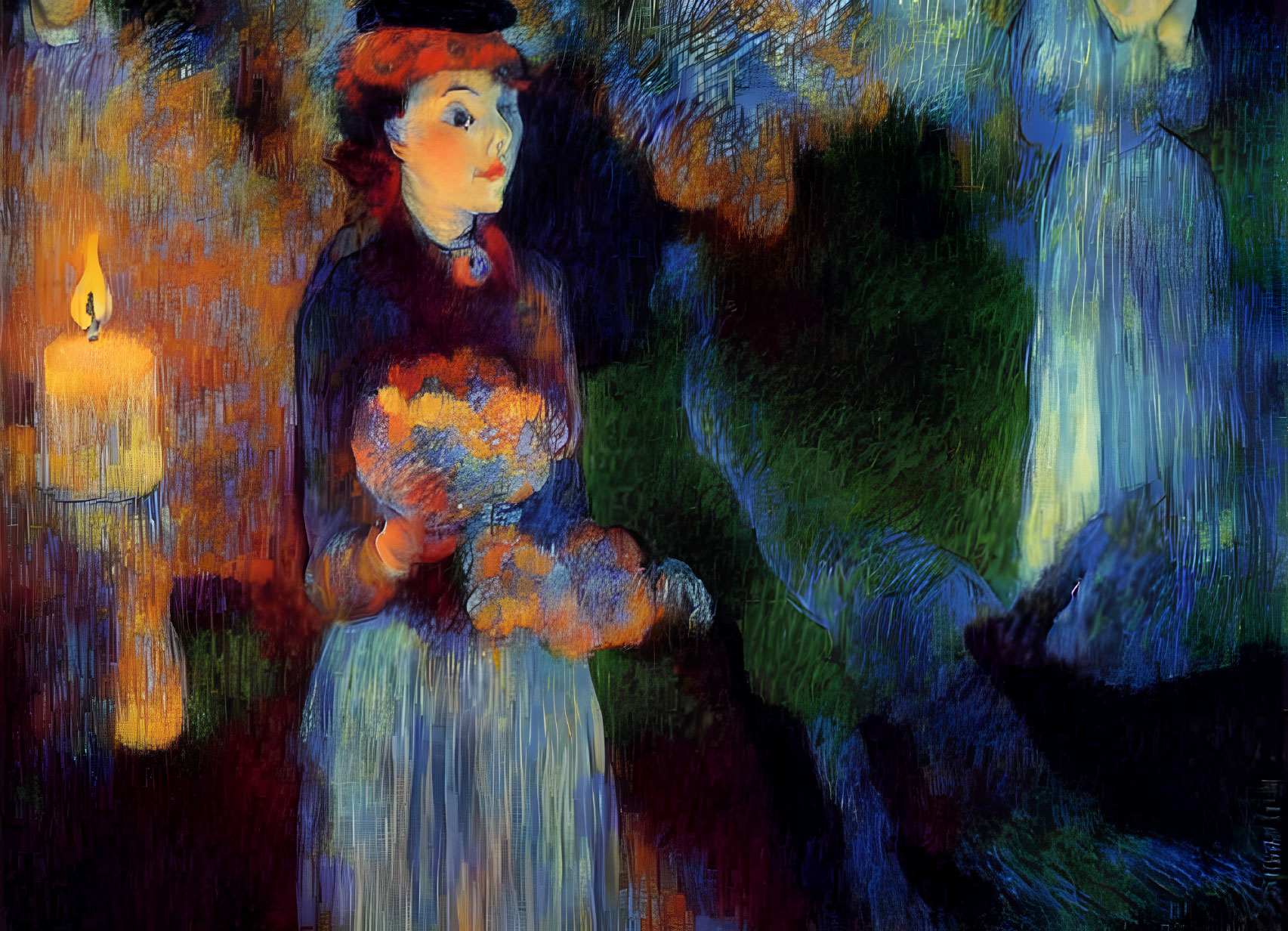 Woman holding candle and flowers in vibrant, swirling colors