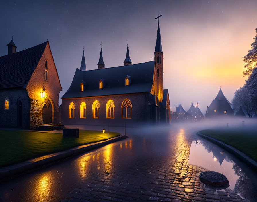 Illuminated church with spires at twilight reflected on wet cobblestones by tranquil waterway