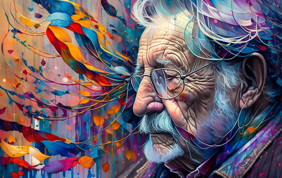 Colorful artistic depiction of elderly man with glasses and white beard