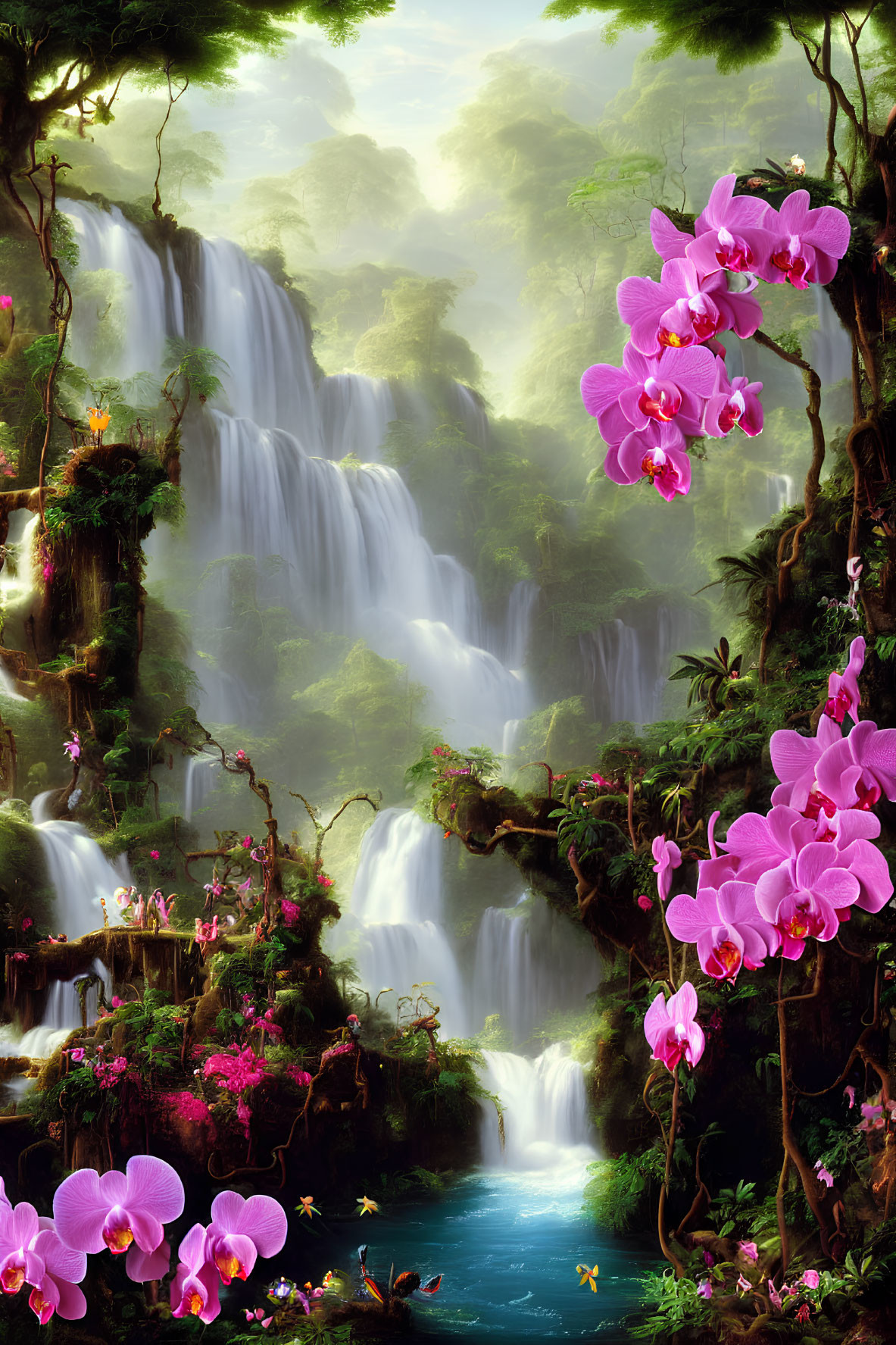 Lush Jungle with Waterfalls, Greenery, and Pink Orchids