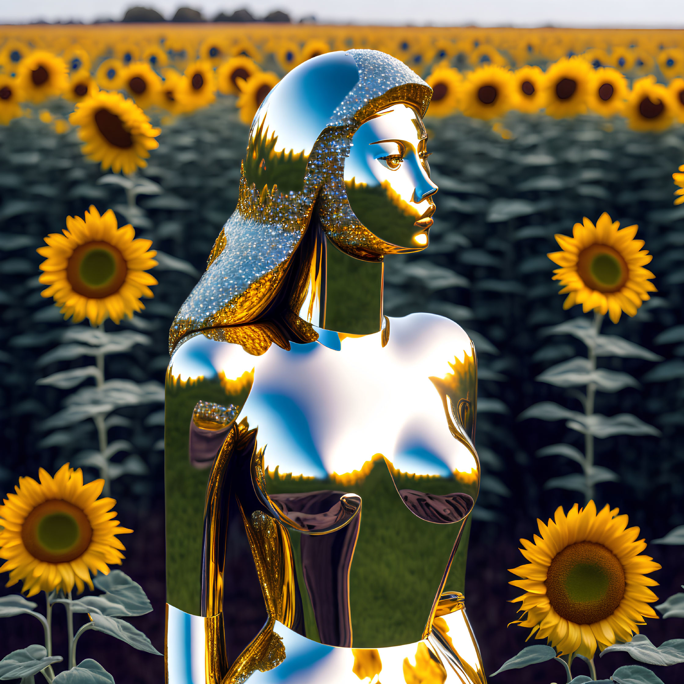 Reflective metallic female figure in sunflower field under clear sky