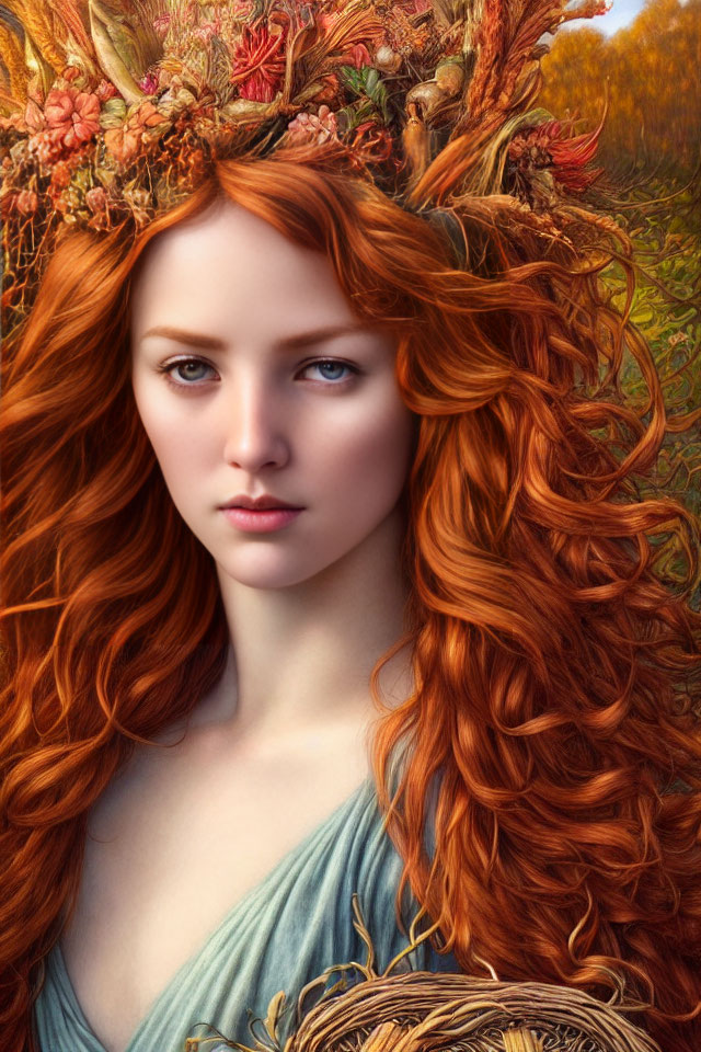 Digital painting of woman with red hair and autumn foliage crown against blurred background