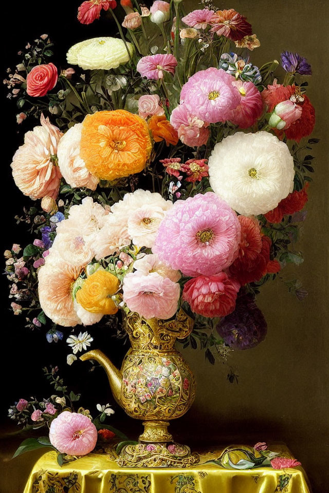 Colorful Flowers in Golden Vase on Yellow Cloth: Classic Still-Life Scene