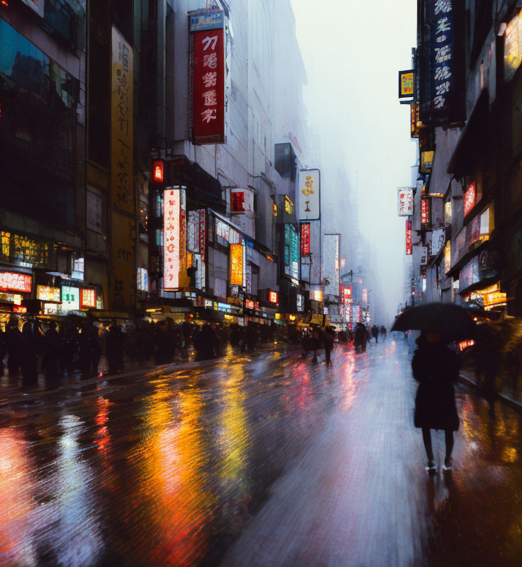 Rainy urban street at dusk: Neon signs reflect on wet pavement, silhouettes of people with