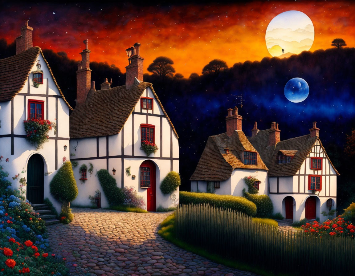 Twilight scene: charming cottages, red doors, cobblestone path, lush gardens, full