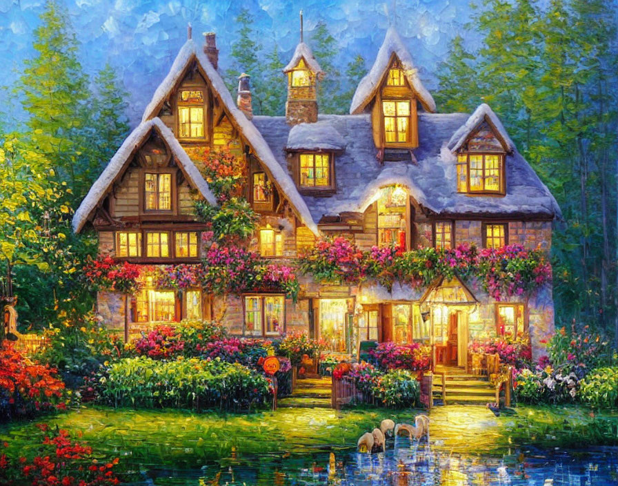 Charming cottage with glowing windows in lush garden at twilight