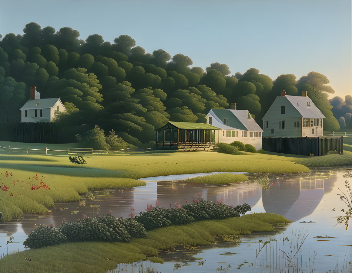 Serene countryside landscape with white houses, green trees, river, and sunrise glow