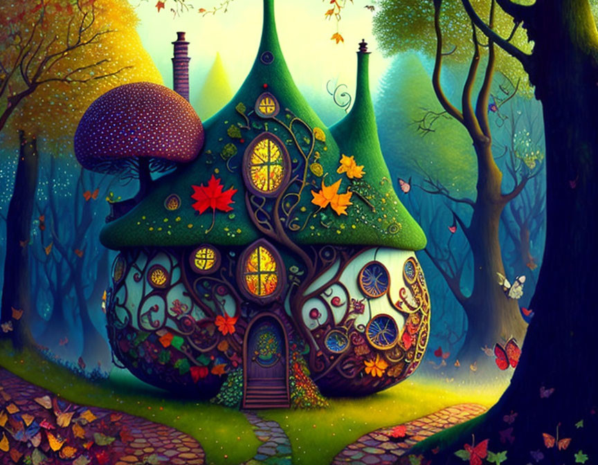 Whimsical cottage with mushroom roof in colorful forest