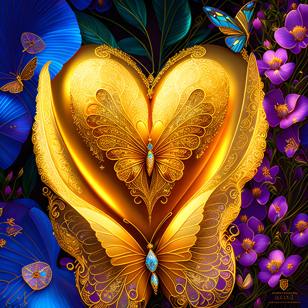 Golden Butterfly with Jeweled Heart Surrounded by Blue Butterflies and Purple Flowers