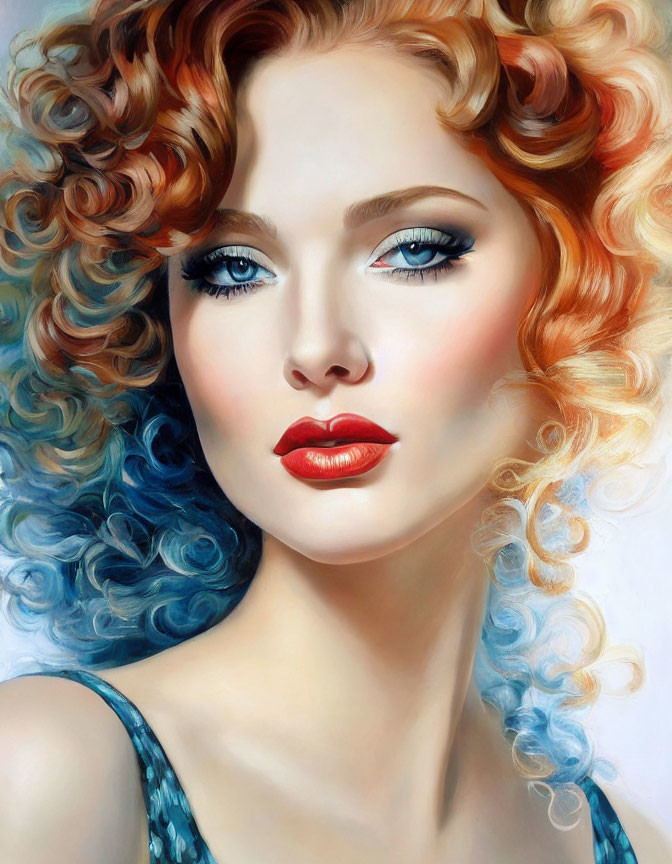 Portrait of woman with voluminous curly hair, auburn to blue, blue eyes, red lips