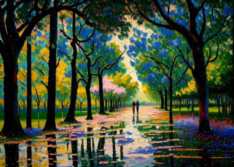 Colorful painting of couple walking on tree-lined path by water