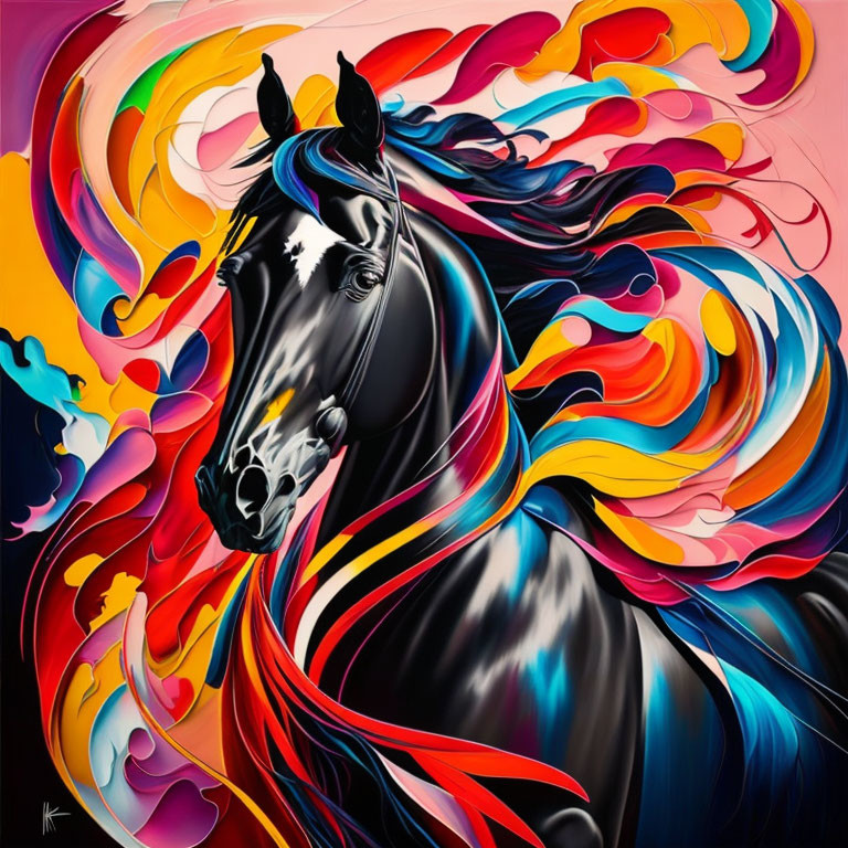 Colorful painting of black horse with multicolored mane and abstract background