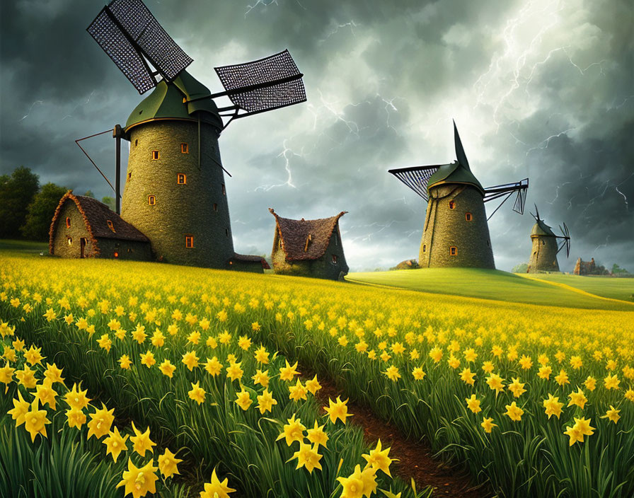 Scenic landscape: Three windmills in yellow daffodil field