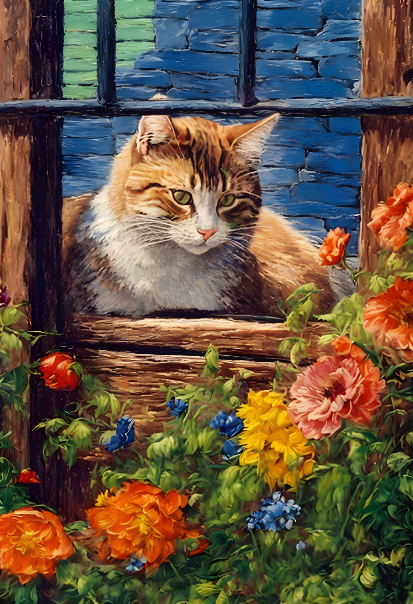 Ginger and White Cat on Wooden Windowsill with Flowers