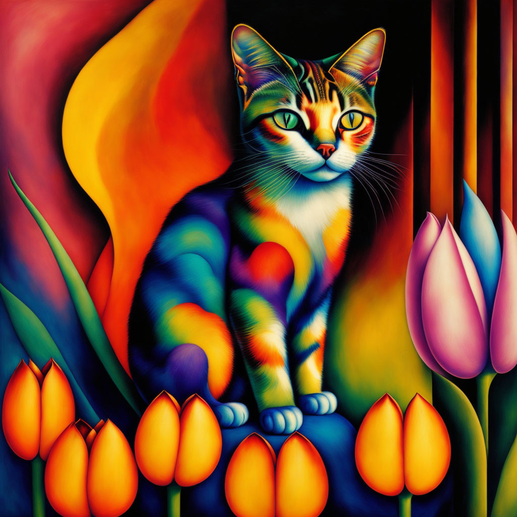 Colorful surreal cat painting with rainbow hues and pink tulips on fiery backdrop