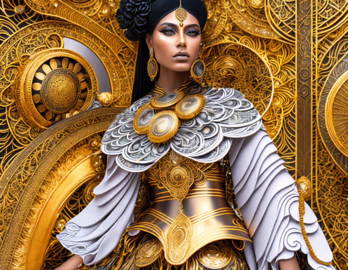 Elaborate portrait of a woman in majestic gold and white attire against intricate golden backdrop