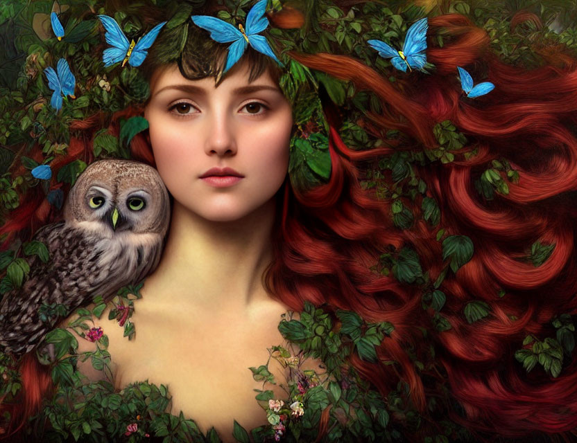 Woman with Red Hair, Blue Butterflies, Owl, and Nature Scene