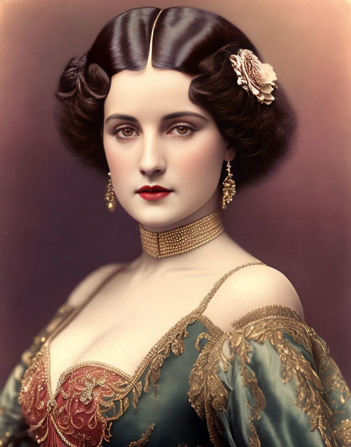 Colorized portrait of woman with styled hair, headband, gold choker, and ornate floral