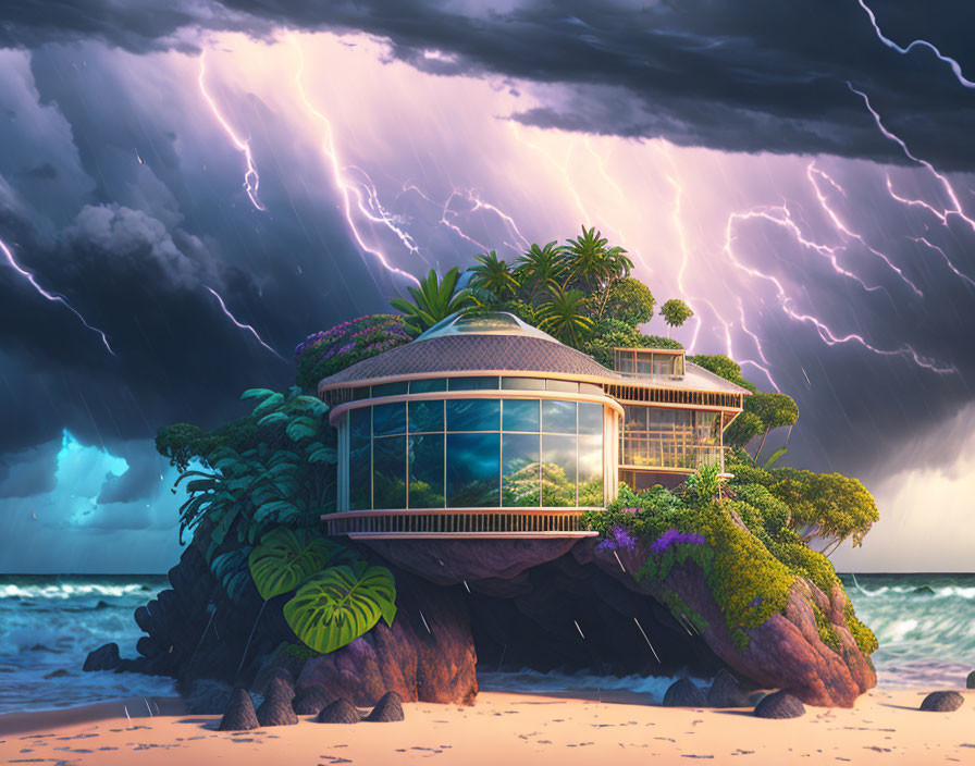 Futuristic dome house on rock in stormy weather with lightning