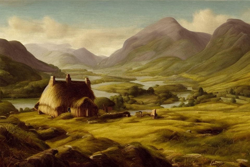 Tranquil landscape with thatched cottage, rolling hills, river, and mountains