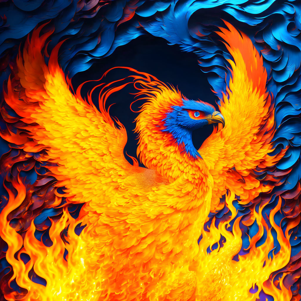 Colorful Phoenix Illustration in Orange, Yellow, and Red