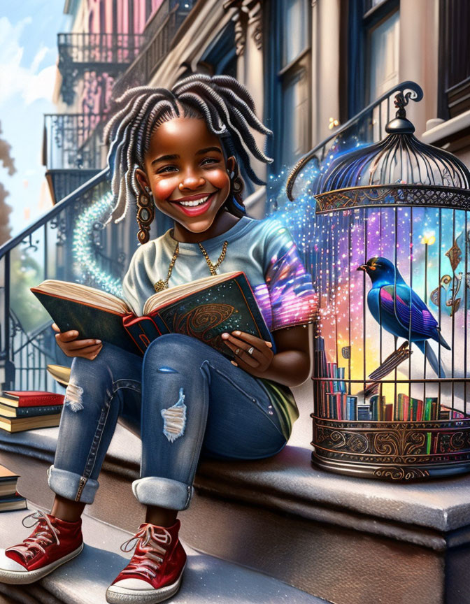 Girl reading book on steps with magical light and blue bird in city scene