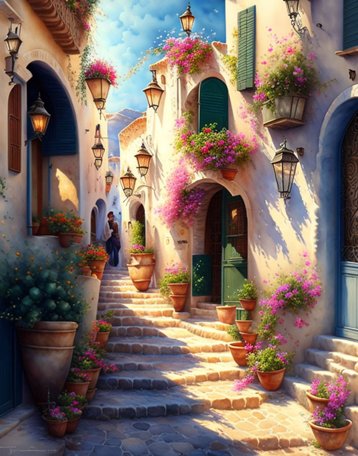 Stone steps, blue walls, pink flowers, green shutters: a charming alley scene.