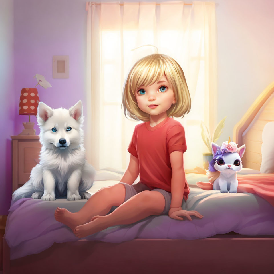 Digital illustration: Young girl with blonde hair, white dog, and unicorn toy on bed in cozy bedroom