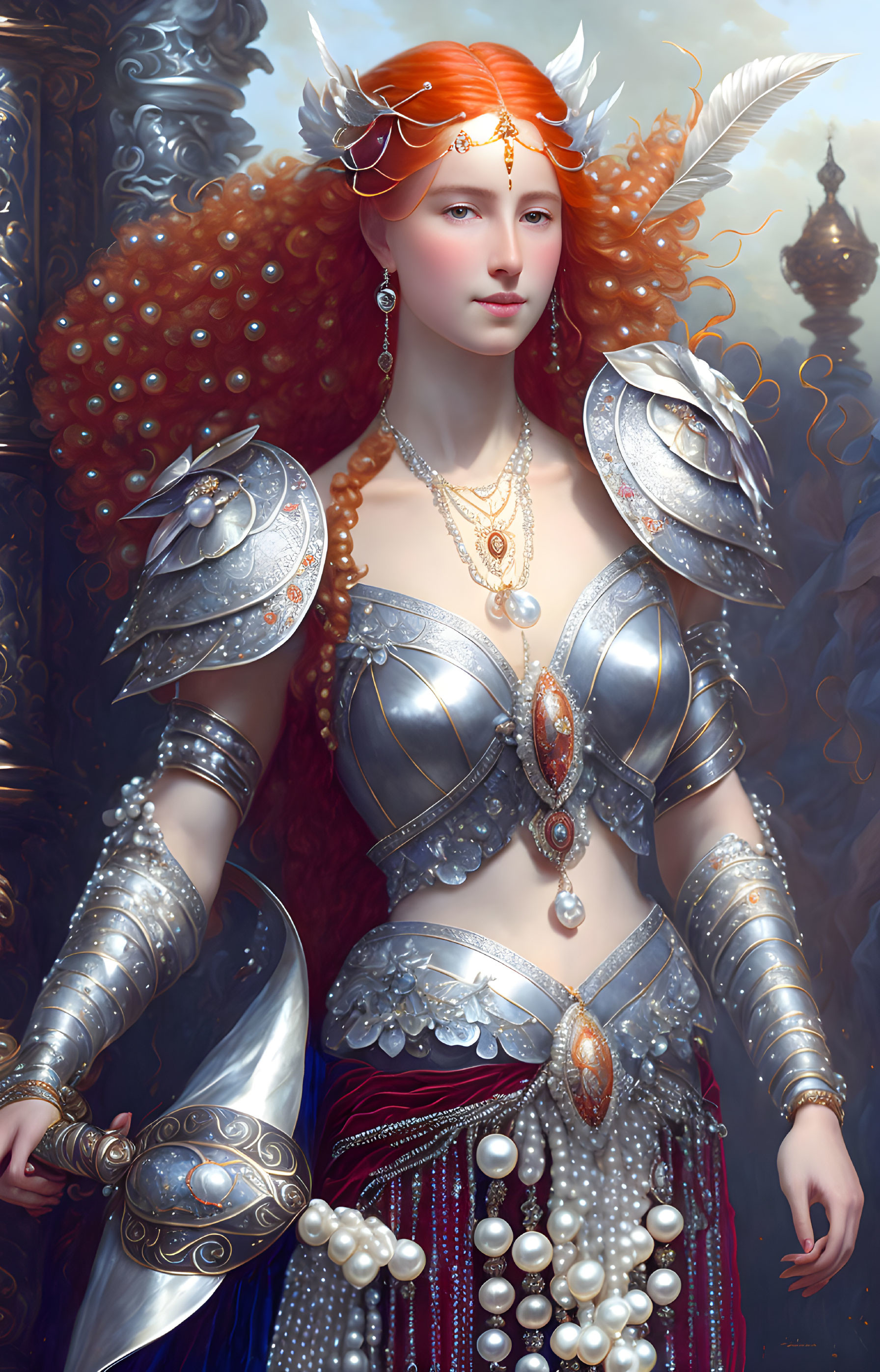 Regal woman in silver armor with red hair on baroque backdrop