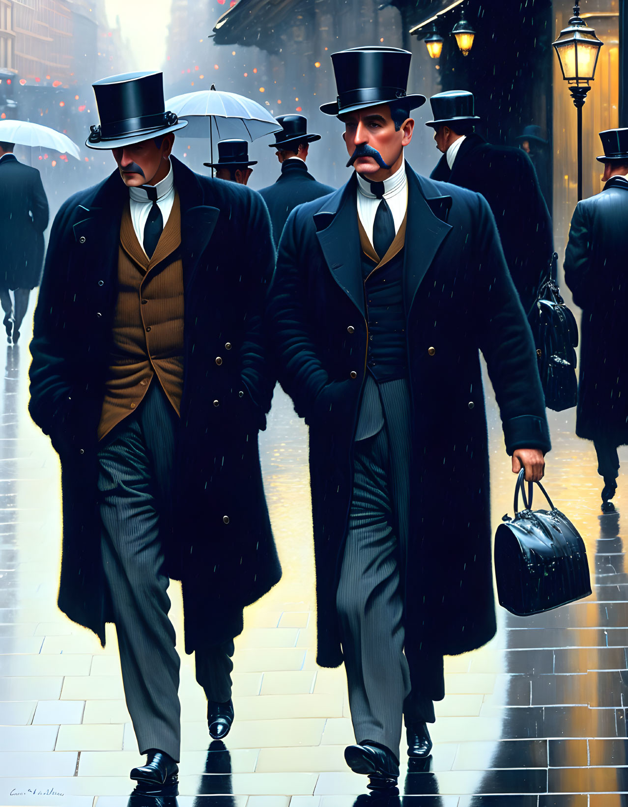 Vintage attired men in top hats and coats stroll on a rainy city street.