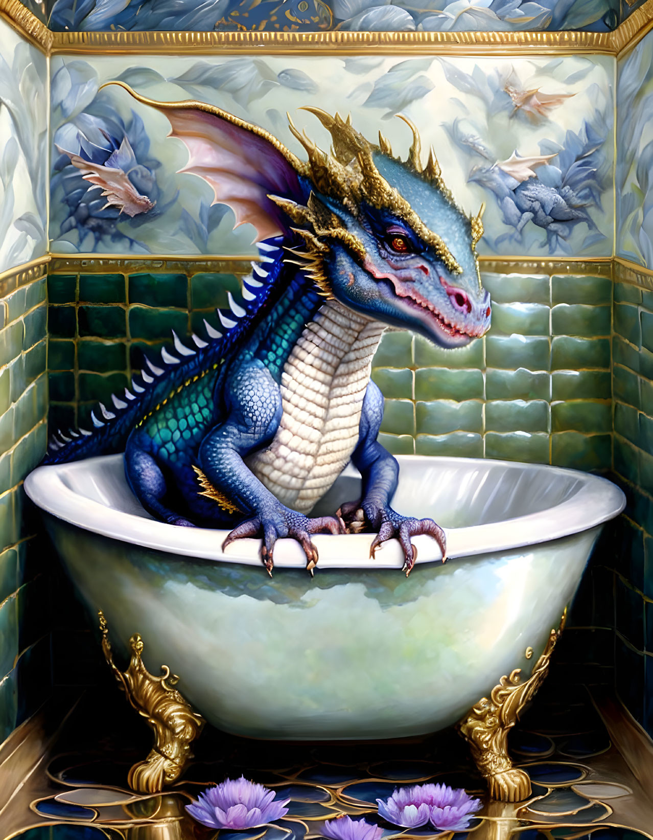 Illustration of Blue Dragon in Elegant Bathtub with Golden Accents