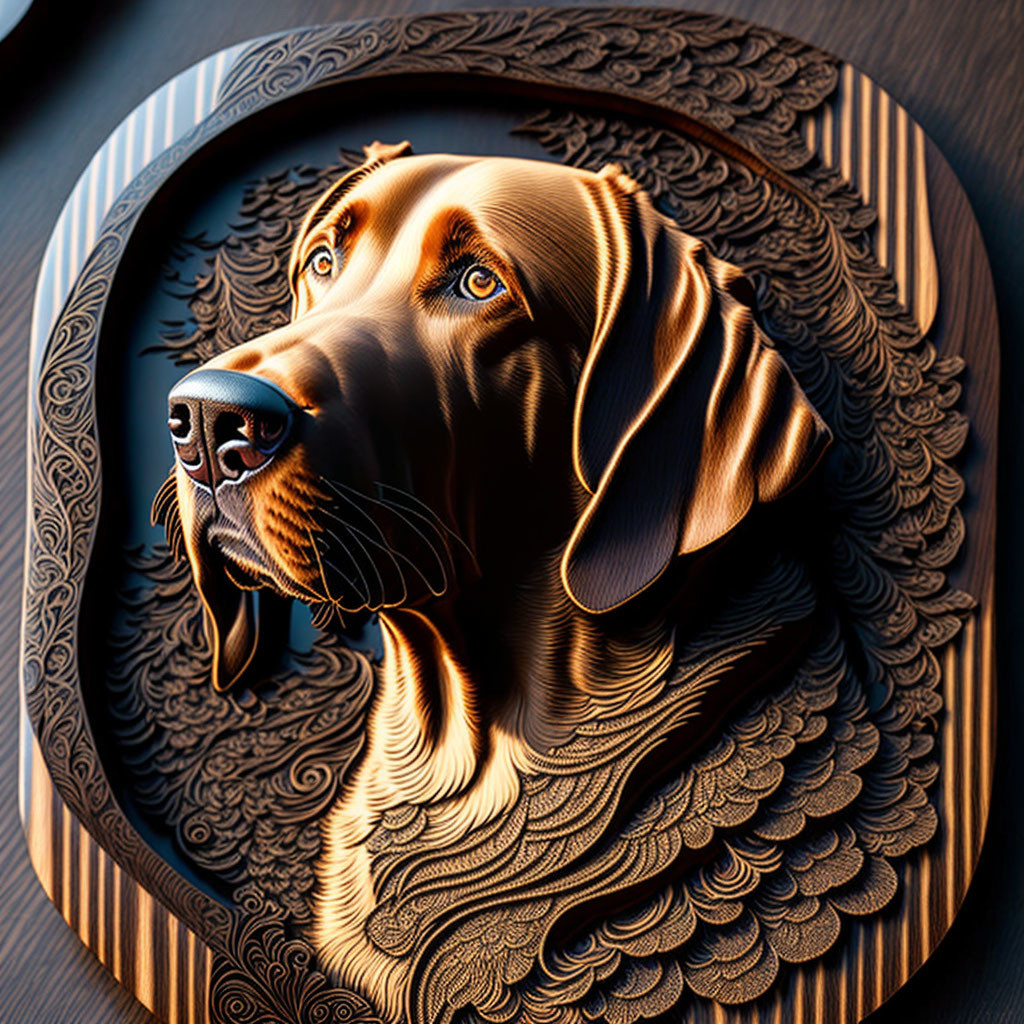 Brown dog with soulful eyes in ornate circular wooden frame