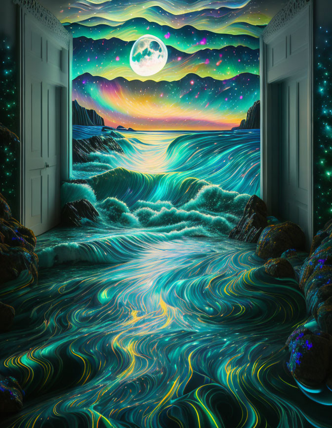 Surreal indoor room transitions to fantasy seascape with moon and stars