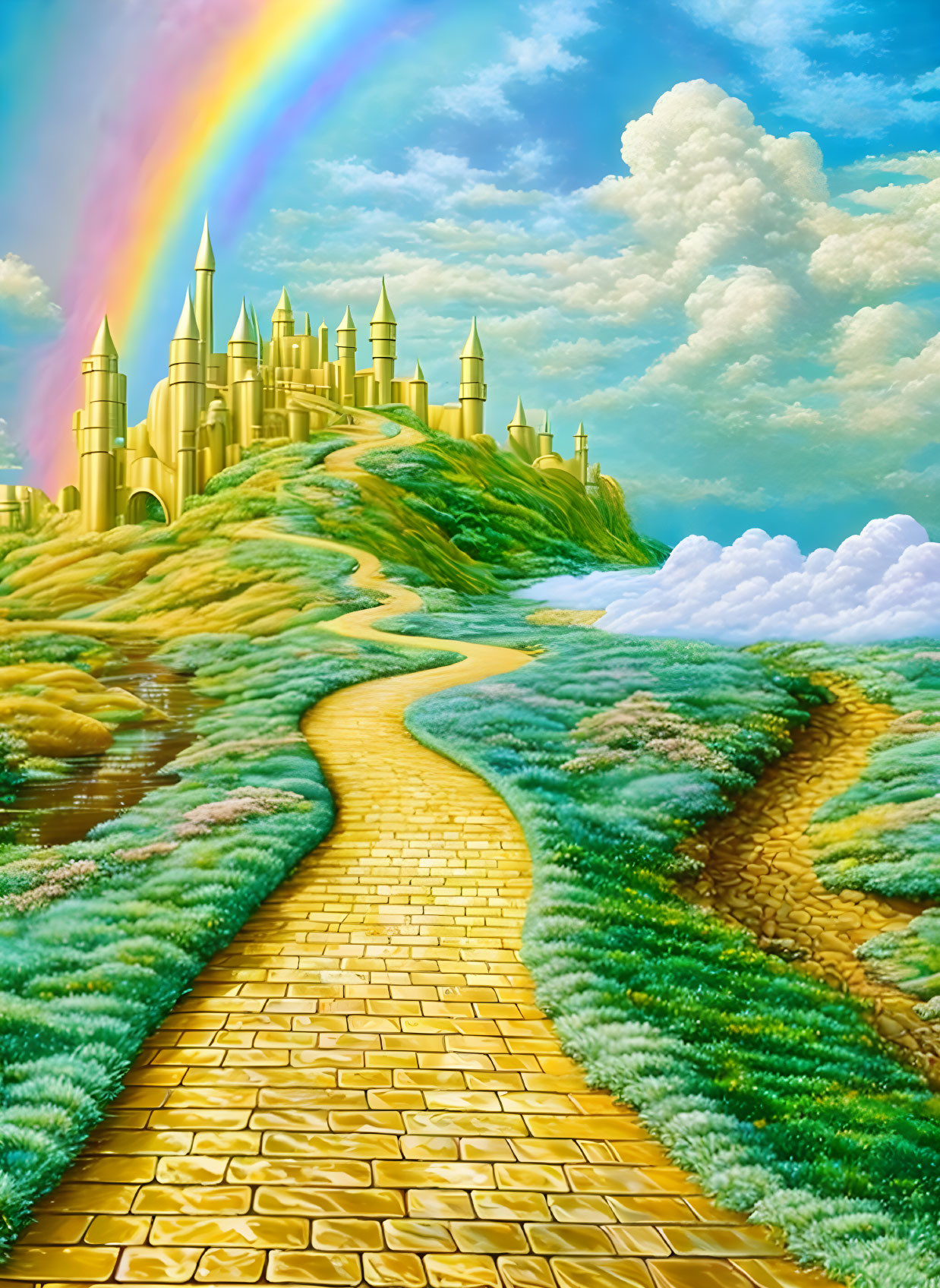 Golden castle on green hill with rainbow and yellow brick road