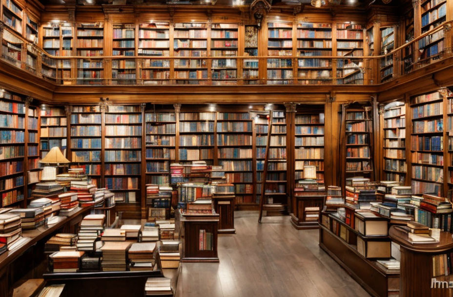 Well-Stocked Library with Wooden Bookshelves and Warm Lighting