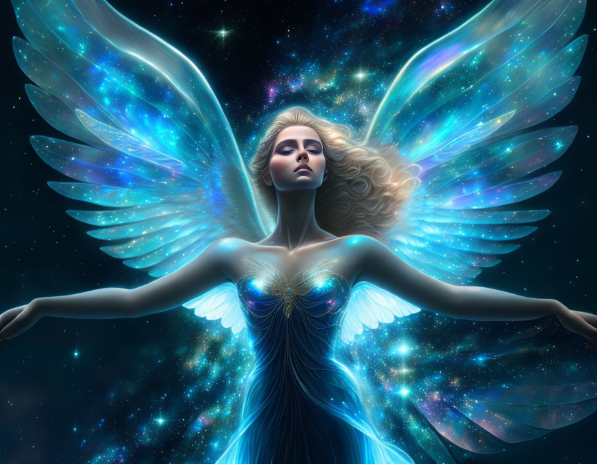 Multicolored winged angel in cosmic setting with ethereal grace