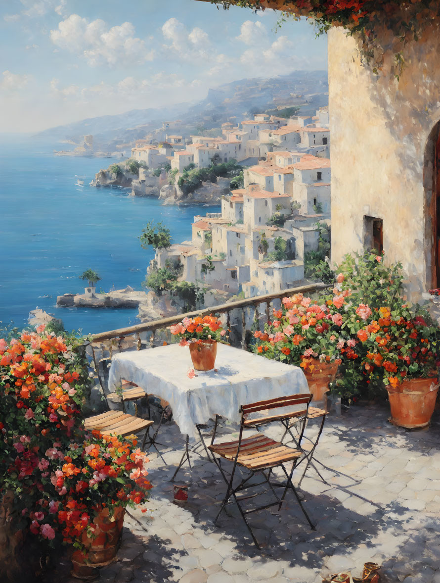 Seaside balcony with table and chair overlooking coastal village