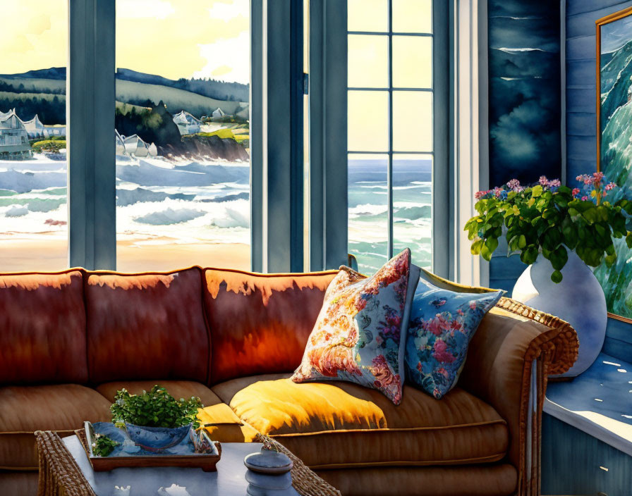 Inviting room with plush sofa, colorful pillows, coastal view, flowers, and teacup on