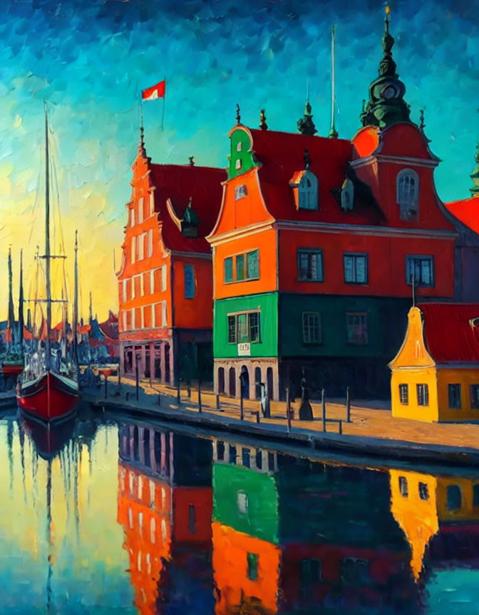 Vibrant European-style buildings by calm waterfront with sailboats.