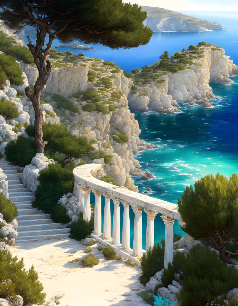 White Colonnade Overlooking Turquoise Sea and Rocky Cliffs