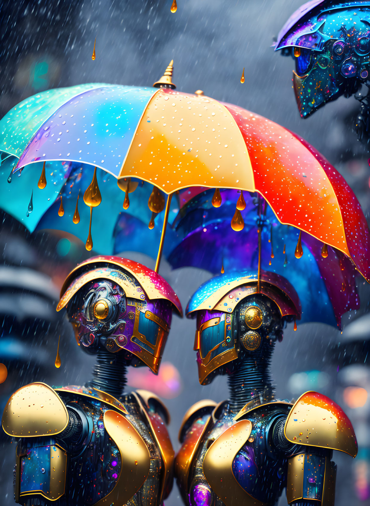 Two human-like robots under colorful umbrellas in the rain