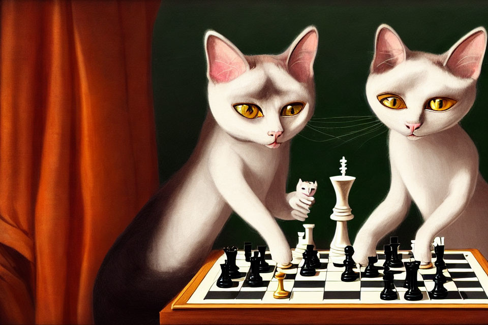 Anthropomorphic white cats with striking eyes at chessboard