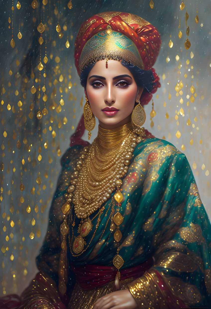 Traditional Indian woman in red turban and gold jewelry against golden bokeh.