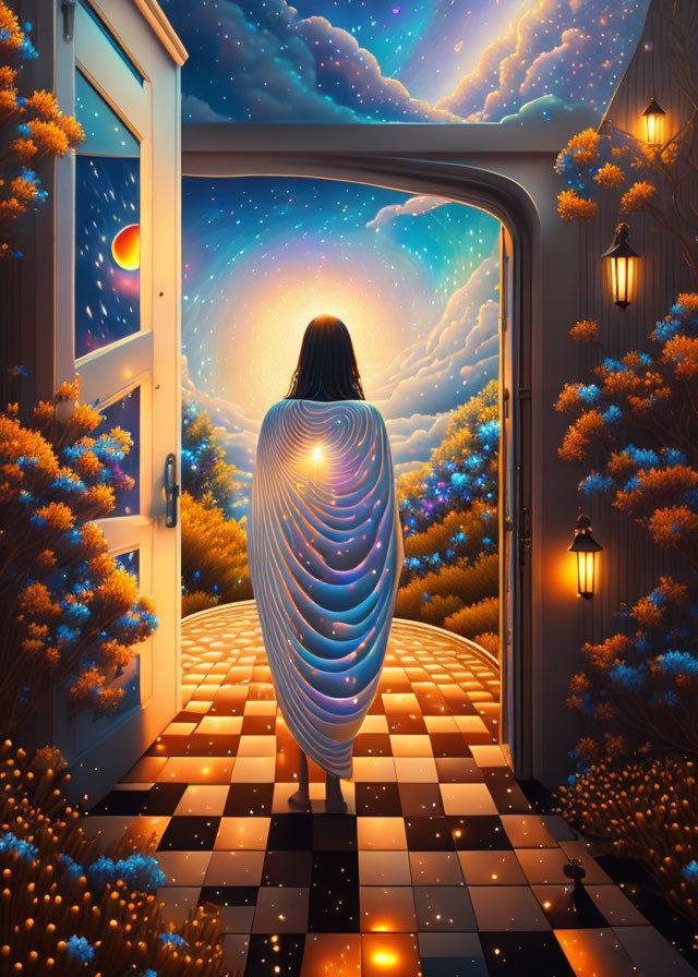 Person in Glowing Robe at Cosmic Doorway with Stars and Planet