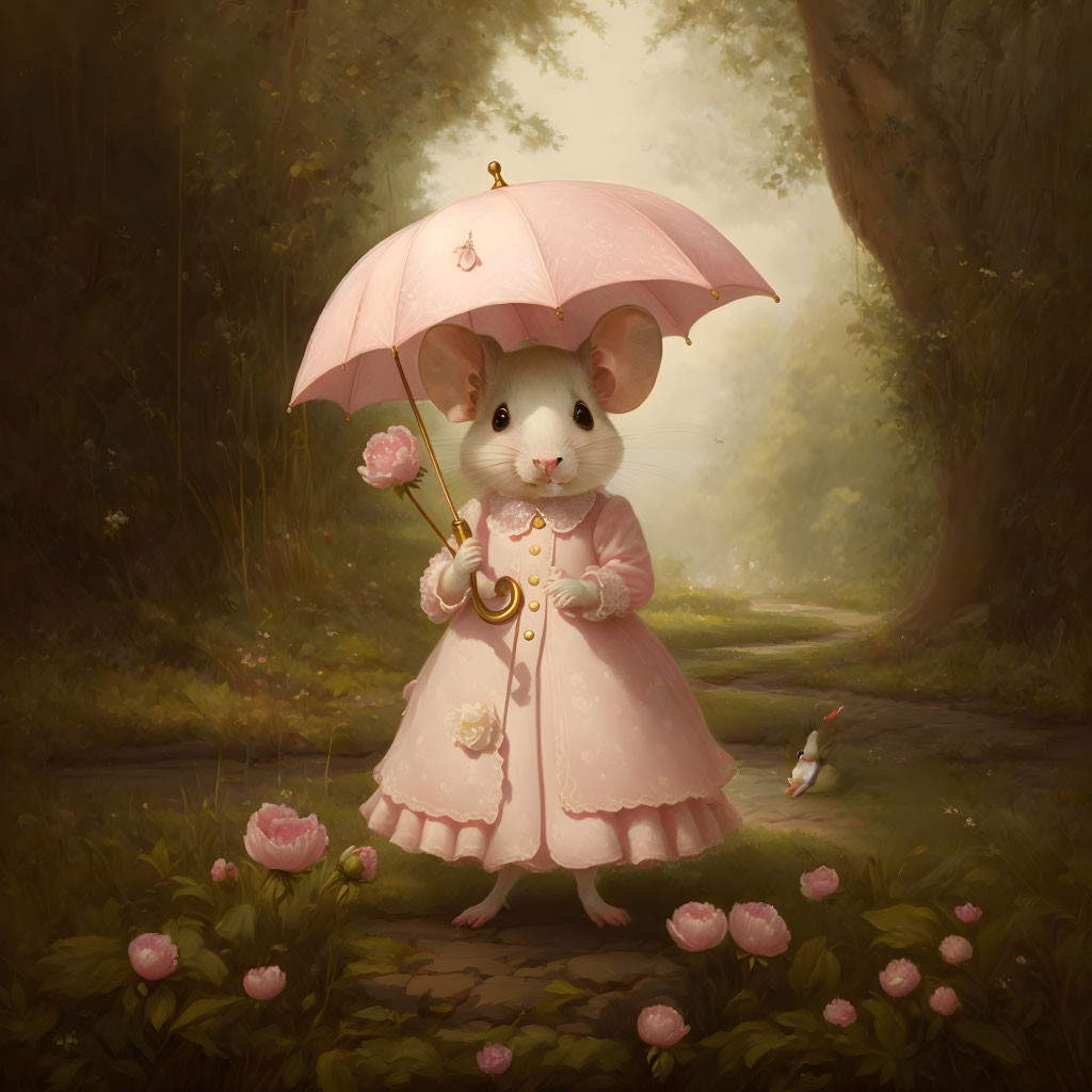 Anthropomorphic mouse in pink dress with umbrella on woodland path surrounded by flowers