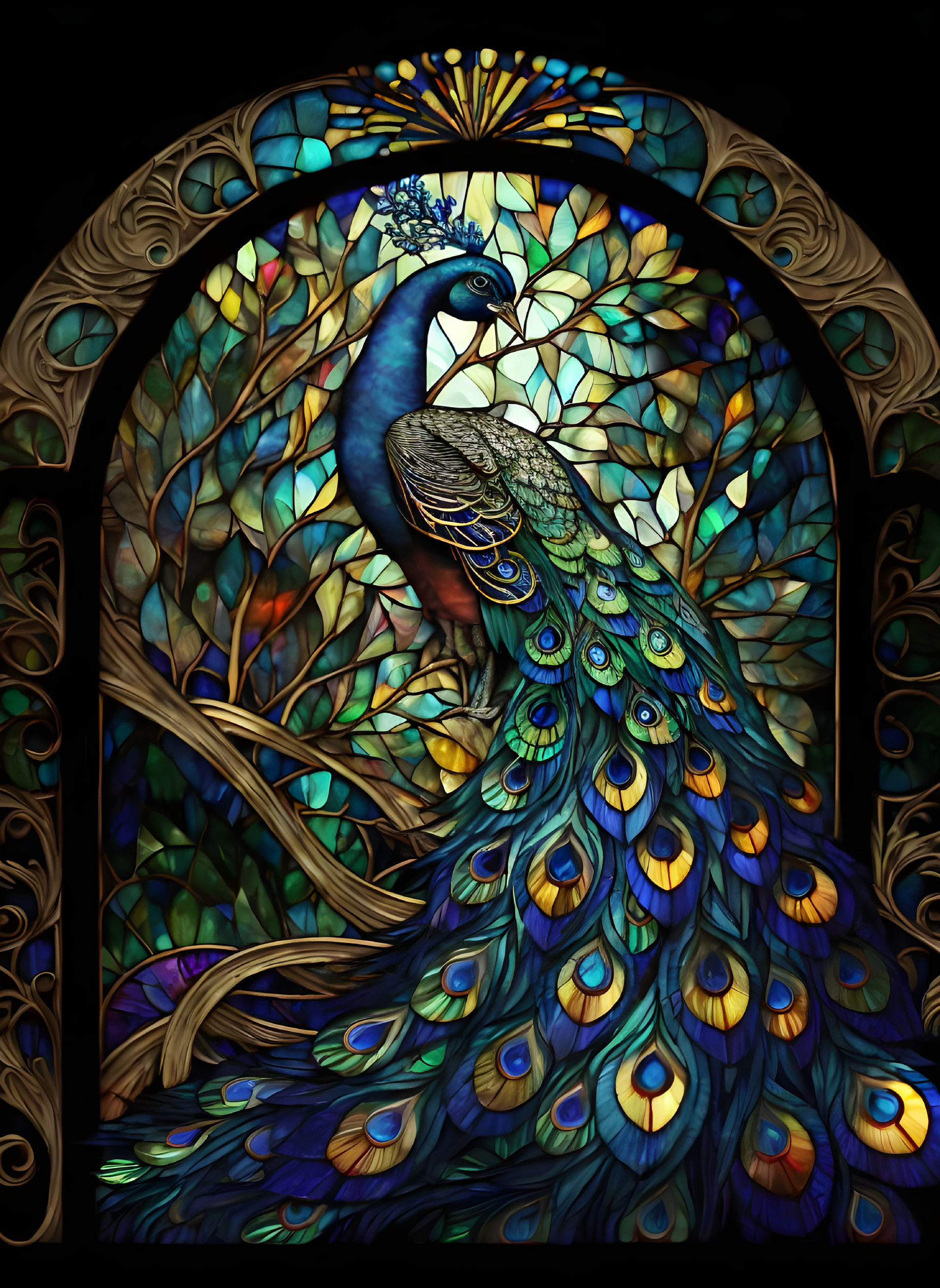 Colorful Peacock Stained Glass Window with Floral Background