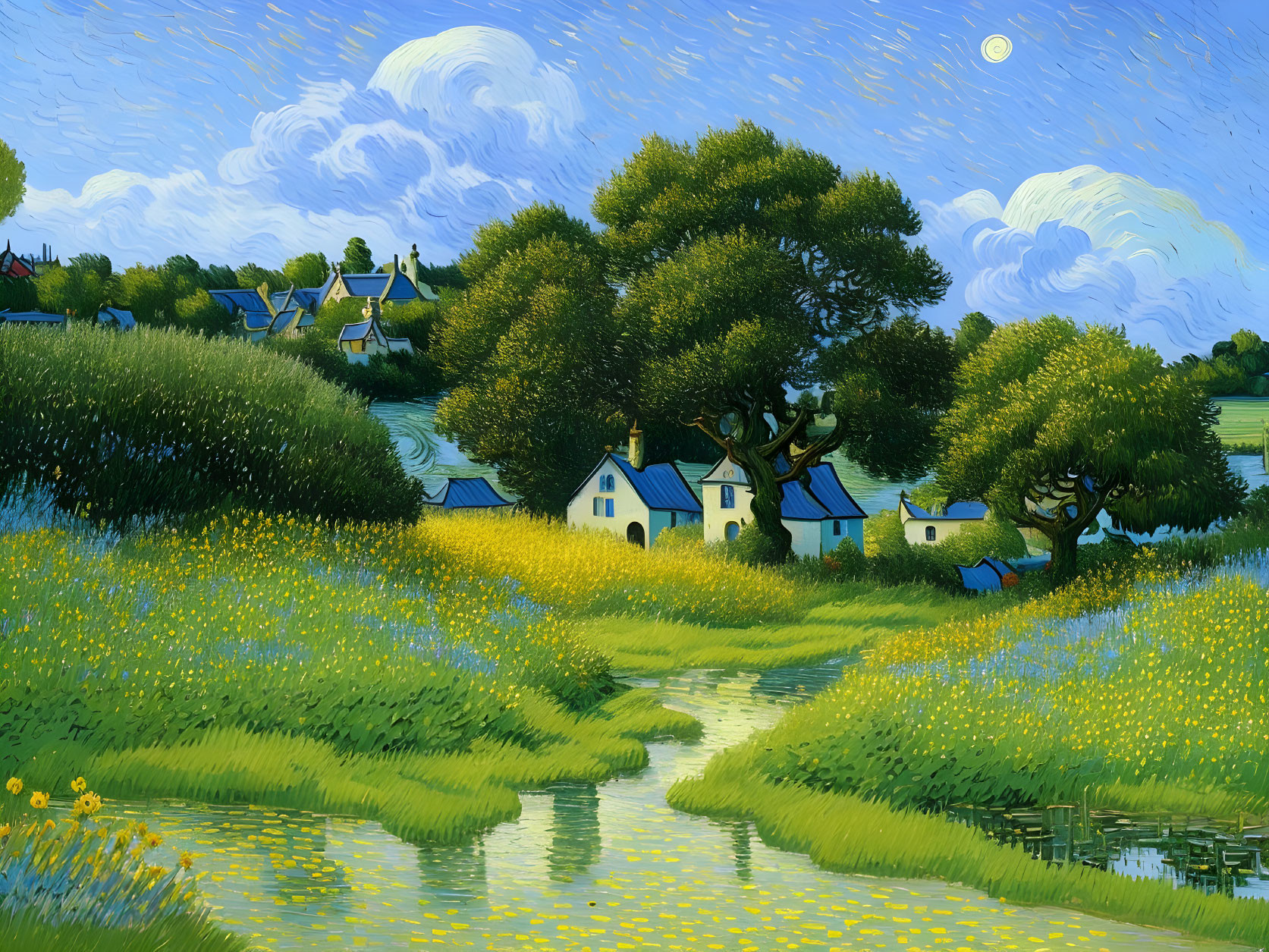 Scenic pastoral painting with river, meadows, trees, cottages, and dynamic sky