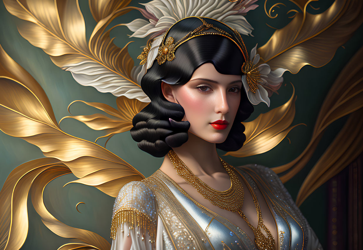 Illustrated woman with dark hair, golden wings, ornate headpiece, green background