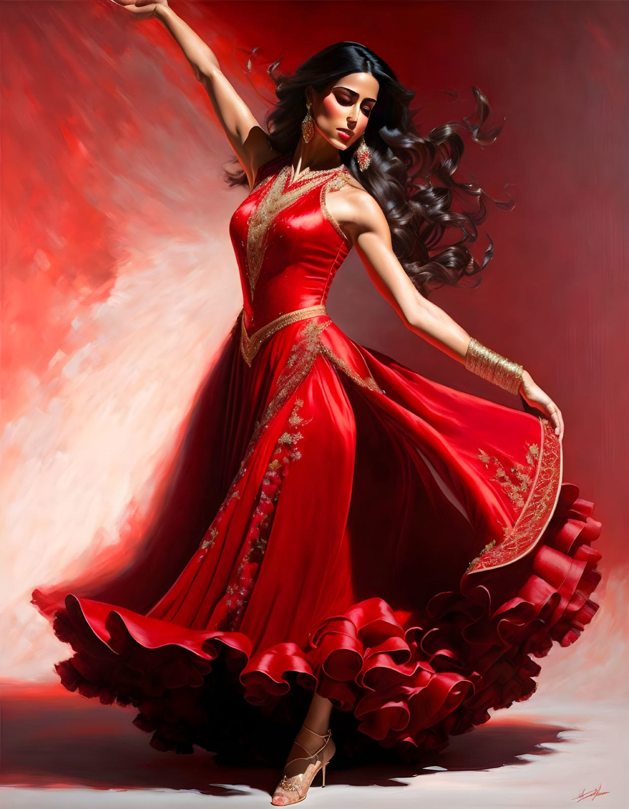 Elegant person in red dress with ornate detailing posing gracefully