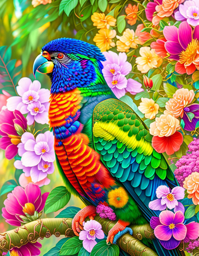 Colorful Parrot Illustration Perched on Branch with Flowers